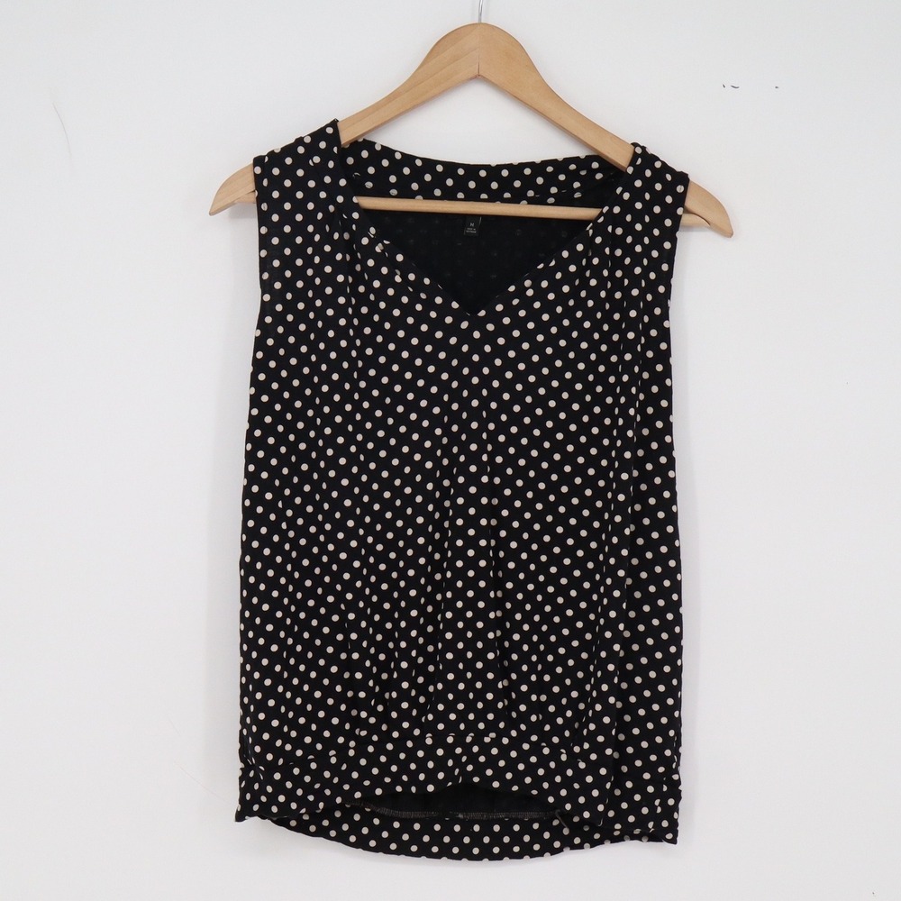 Talbots Top Womens M Sleeveless V-Neck Black Polka Dot Draped Knit Excellent